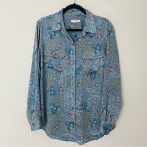 Equipment Femme Signature Button Up Long Sleeve Shirt Blue Satin Floral Medium